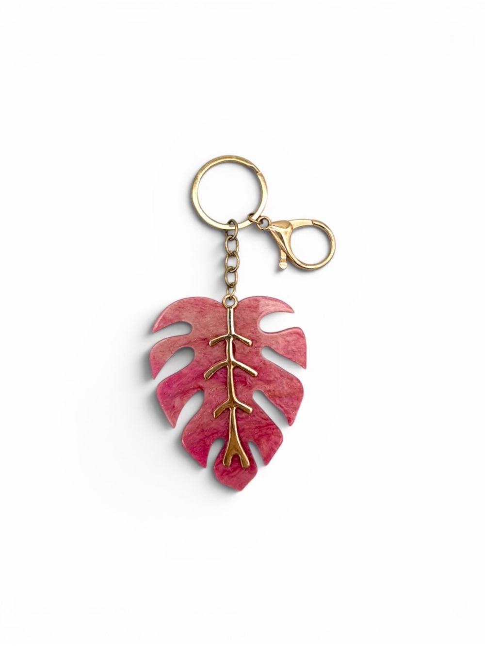 Large Pink and Gold Monstera Keychain - Bag Charm
